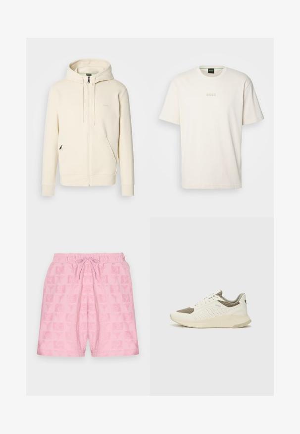 Krémový zipsový mikina s kapucňou, so sťahovacími šnúrkami, rebrovými manžetami, dvomi prednými zipsovými vreckami a decentným logom "BOSS" na hrudi.; BOSS TEE - Základné tričko - open white; Ružové šortky s elastickým pásom a šnúrkou; sú zdobené textúrovaným vzorom log a symbolov po celej látke.; Biele a svetlo béžové športové tenisky s hornou časťou z mriežkového materiálu, perforovanými detailmi a textúrovanou medzipodrážkou s logom na päte.