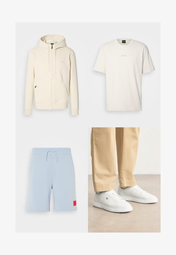 Crema krāsas zip-up hoodie ar auklītēm, ribotām aprocēm, divām priekšējām rāvējslēdzēja kabatām un mazu "BOSS" logotipu uz krūtīm.; BOSS TEE - Pamata T-krekls - open white; Gaiši zili kokvilnas šorti ar elastīgu jostasvīru un auklu, kreisajā sānu daļā ar sarkanu plāksteri. Gluda tekstūra.; Baltas ādas sporta apavi ar gludu virsmu, apaļo purngalu, auklīnēm un smalku logotipa detaļu sānos, kombinēti ar bēšām biksēm.