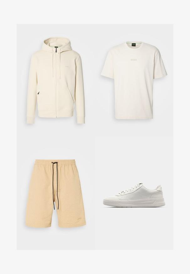 Kerman värinen vetoketjuhuppari, jossa on nauhat, ribbireunat, kaksi etupuolen vetoketjutaskua ja hillitty "BOSS"-logo rinnassa.; BOSS TEE - T-paita - open white; Beige shorts dengan kain bertekstur, pinggang elastis, dan tali serut hitam. Memiliki aksen logo yang halus. Desain potongan lurus.; Valkoiset tennarit, joissa on sileä nahkapäällinen, pyöreä kärki, nauhakiinnitys ja paksu kumipohja. Huomaamaton logo sivulla.