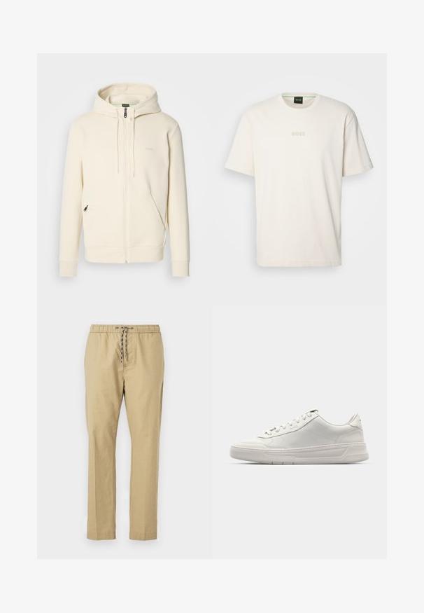 Cremefarvet zip-up hoodie med snore, ribbede ærmer, to fremadskuende lynlåslommer og en diskret "BOSS"-logo på brystet.; BOSS TEE - T-shirts basic - open white; Beige bukser med elastisk talje, justerbar snøre, lige ben og et let stof.; Hvide sneakers med en glat læderoverdel, rund tå, snørebåndslukning og en tykk gummisål. Diskret logo på siden.