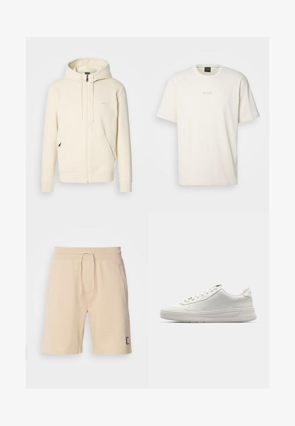 Krämfärgad zip-up hoodie med dragsko, ribbade muddar, två framfickor med dragkedja och subtil "BOSS"-logga på bröstet.; BOSS TEE - T-shirt - bas - open white; Beige bomullsmixade shorts med resårmidja, dragsko och sidofickor. Har en liten logotyp på nedre vänstra sidan.; Vita sneakers med en slät läderöverkant, rund tå, snörning och en tjock gummisula. Subtil logotyp på sidan.