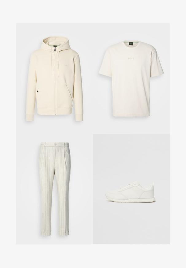 Ανοιχτόχρωμο ζακέτα με φερμουάρ και κορδόνια, ριμπ μανίκια, δύο μπροστινές τσέπες με φερμουάρ και λεπτό λογότυπο "BOSS" στο στήθος.; BOSS TEE - Βασικό μπλουζάκι - open white; Πληρωτές παντελόνια από ελαφρύ ύφασμα, με κρεμ φόντο και λεπτές μπλε κάθετες ρίγες. Με γυρισμένα μπατζάκια και ένα μόνο κουμπί μπροστά.; Λευκό αθλητικό παπούτσι με επάνω μέρος από πλέγμα και συνθετικό υλικό, στρογγυλή μύτη, επίπεδους κορδόνια και υφή στη λωρίδα στο πλάι. Καουτσούκ σόλα με λαβή στο πίσω μέρος.