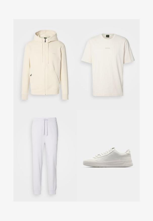 Crema krāsas zip-up hoodie ar auklītēm, ribotām aprocēm, divām priekšējām rāvējslēdzēja kabatām un mazu "BOSS" logotipu uz krūtīm.; BOSS TEE - Pamata T-krekls - open white; HUGO DAYOTE - Treniņtērpa apakšdaļas - light pastel purple; Baltas sporta apavi ar gludu ādas virsu, apaļu purngalu, saistēm un biezu gumijas zolīti. Uz sāna ir smalka logotipa emblēma.