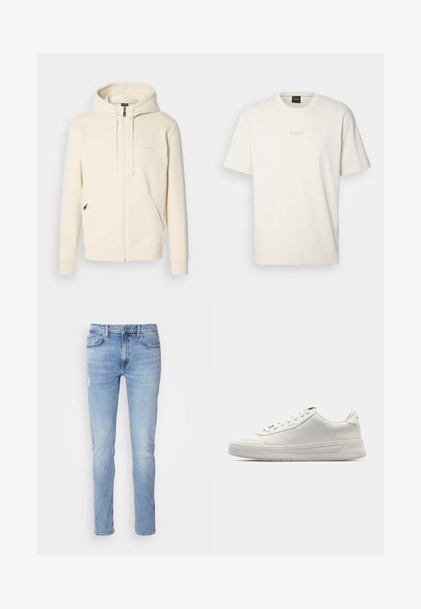 Kreemi värvi tõmblukuga kapuutsiga särk, millel on nöörid, soonikkoes mansetid, kaks esimest tõmblukuga taskut ja diskreetne "BOSS" logo rinnataskul.; BOSS TEE - Lihtne T-särk - open white; Heledad sinised teksad slim fit lõikega, millel on kulumise detail põlve kohal, klassikaline viie taskuga disain ja standardne nööbiga sulgemine.; Valged tennisjalatsid sileda nahkpealsega, ümarate varvastega, paeltega sulgemisega ja paksu kummitaldaga. Peen logo küljel.