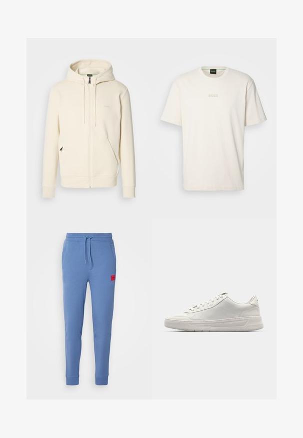 Cream-colored zip-up hoodie with drawstrings, ribbed cuffs, two front zip pockets, and subtle "BOSS" logo on the chest.; BOSS TEE - Basic T-shirt - open white; Blue cotton joggers with elastic waistband and drawstring. Features side pockets and a red logo patch on the left thigh.; White sneakers with a smooth leather upper, round toe, lace-up closure, and a thick rubber sole. Subtle logo on the side.
