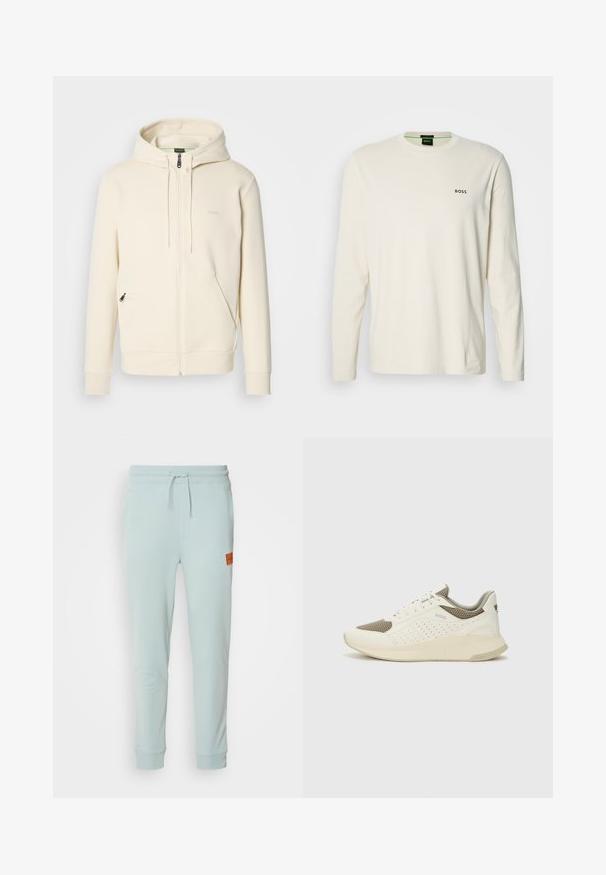 Hanorac crem cu fermoar, cu șnururi, mansete ribbate, două buzunare frontale cu fermoar și un logo discret "BOSS" pe piept.; Tricou crem cu mânecă lungă din bumbac, având guler rotund și un mic logo negru "BOSS" pe piept. Material neted și ușor.; HUGO DOAK - Pantaloni de trening - open grey; Tenis sportivi alb și bej deschis, cu un înveliș din plasă, detalii perforate și o talpă intermediară texturată, având marcaj pe călcâi.