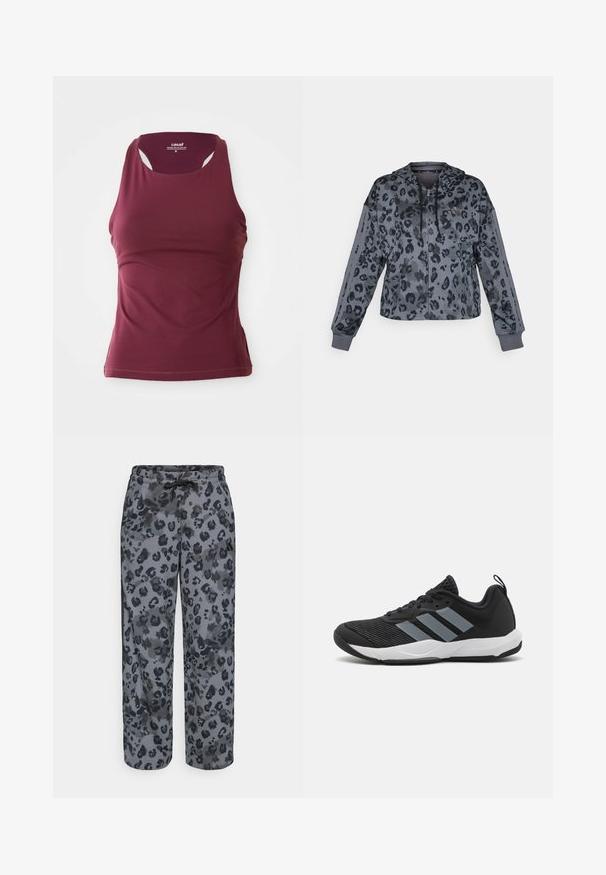 Felvágott szürke kapucnis pulóver fekete leopárdmintával, húzózsinórral ellátott kapucnival, cipzáros záródással és fekete díszítéssel a ujjain.; Burgundi színű sportos ujjatlan felső, rugalmas anyagból készült. Kerek nyakú, széles vállpántokkal rendelkezik, és testhez simuló fazonú.; Szürke árnyalatú leopárdmintás melegítőnadrág, hozzá való zsinórral, széles lábujjú kialakítással és puha anyagtextúrával.; Fekete sportcipő világosszürke csíkokkal, texturált hálós felsőrésszel, fekete fűzőkkel és fehér talppal. A sarkán húzófül található.