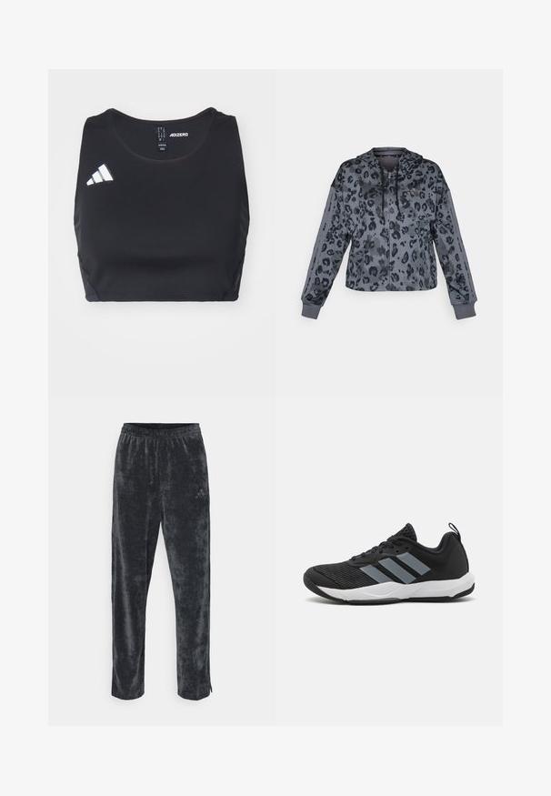 Cropped gray hoodie with black leopard print, featuring a drawstring hood, zip closure, and black accents along the sleeves.; Black athletic crop top made of stretchy material. Features round neckline and white adidas logo on the left side. Smooth texture.; Gray, soft velour pants with a relaxed fit, featuring an elastic waistband and subtle side stripes. Small logo accent on the upper leg.; Black athletic shoe with light gray stripes, textured mesh upper, black laces, and a white outsole. Features a pull tab on the heel.