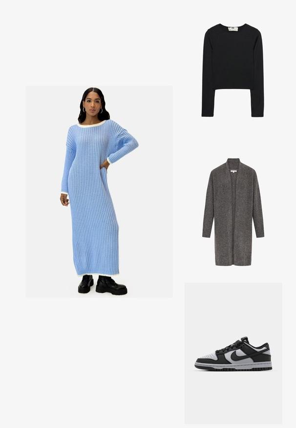 Cardigan grigio in morbida lana, design aperto davanti, maniche lunghe e polsini a costine. Presenta una vestibilità rilassata e uno stile minimalista.; Abito maxi in maglia blu a coste con scollatura ampia e bordo bianco a contrasto sul colletto e sui polsini. Indossato con stivali neri spessi.; Crop top nero a maniche lunghe realizzato in tessuto leggero, con scollo rotondo e silhouette aderente, caratterizzato da cuciture pulite e senza decorazioni.; Sneaker basse Nike Dunk in nero e grigio con punta forata, dettagli in pelle liscia e suola in gomma con pattern testurizzato.