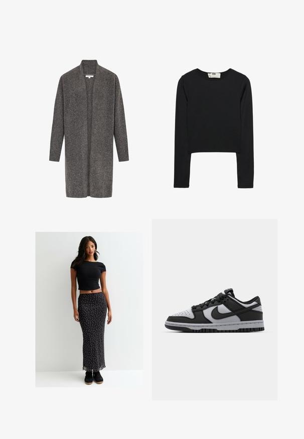 Gray cardigan made of soft wool, open front design, long sleeves, and ribbed cuffs. Features a relaxed fit and minimalistic style.; Black long-sleeve crop top made from lightweight fabric, featuring a round neckline and fitted silhouette, with clean seams and no embellishments.; New Look SPOT MIDI - Maxi skirt - black pattern; Black and gray Nike Dunk low-top sneakers with perforated toe, smooth leather accents, and rubber sole featuring textured tread pattern.
