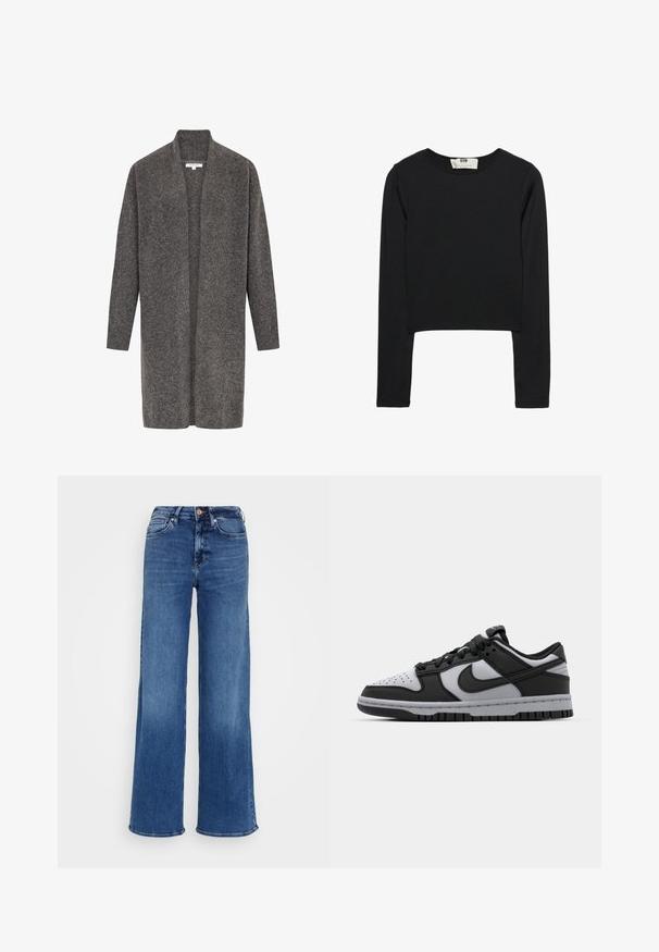 Cardigan grigio in morbida lana, design aperto davanti, maniche lunghe e polsini a costine. Presenta una vestibilità rilassata e uno stile minimalista.; Crop top nero a maniche lunghe realizzato in tessuto leggero, con scollo rotondo e silhouette aderente, caratterizzato da cuciture pulite e senza decorazioni.; Jeans blu a gamba larga in denim, con vita alta, cinque tasche e chiusura con bottone. Dettagli di scoloritura e cuciture sottili visibili.; Sneaker basse Nike Dunk in nero e grigio con punta forata, dettagli in pelle liscia e suola in gomma con pattern testurizzato.