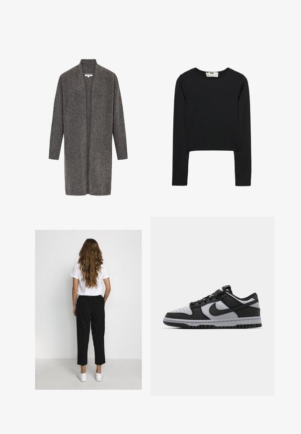 Grijze cardigan van zachte wol, met een open voorkant, lange mouwen en geribbelde manchetten. Heeft een comfortabele pasvorm en een minimalistische stijl.; Zwarte lange mouw crop top van lichtgewicht stof, met een ronde halslijn en een aansluitende silhouet, met schone naden en zonder versieringen.; Vrouw met lang golvend haar, gekleed in een witte t-shirt, zwarte cropped broek en witte sneakers, staat met haar gezicht naar een eenvoudige witte muur.; Zwarte en grijze Nike Dunk lage sneakers met geperforeerde neus, gladde leren accenten en rubberen zool met een gestructureerd profiel.