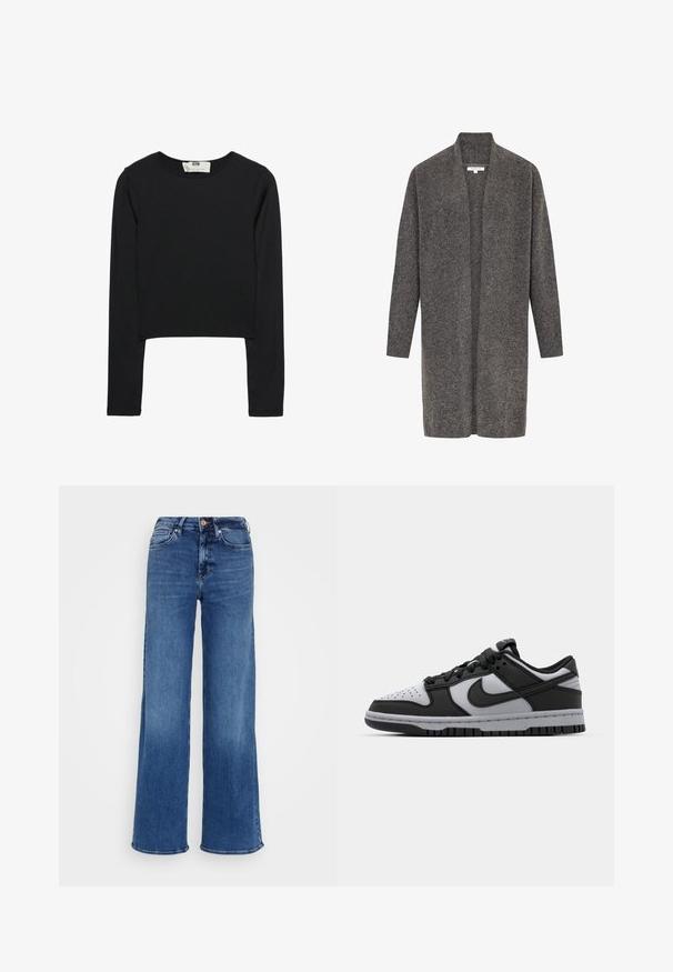 Cardigan grigio in morbida lana, design aperto davanti, maniche lunghe e polsini a costine. Presenta una vestibilità rilassata e uno stile minimalista.; Crop top nero a maniche lunghe realizzato in tessuto leggero, con scollo rotondo e silhouette aderente, caratterizzato da cuciture pulite e senza decorazioni.; Jeans in denim blu medio a vita alta, con gamba larga, chiusura a bottoni e zip, e tasche anteriori e posteriori, su sfondo grigio chiaro uniforme.; Sneaker basse Nike Dunk in nero e grigio con punta forata, dettagli in pelle liscia e suola in gomma con pattern testurizzato.