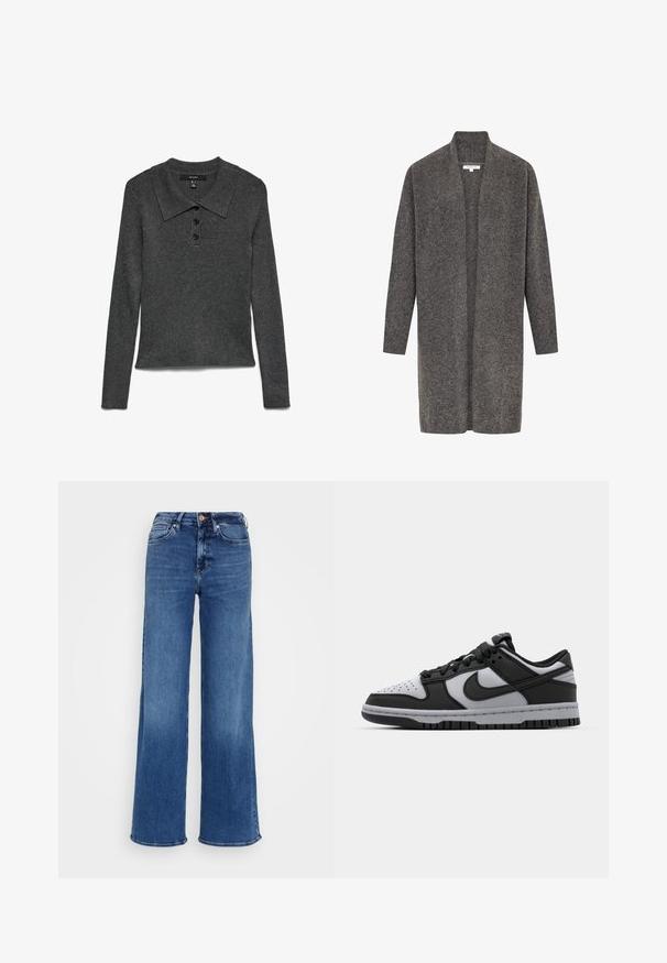 Grauer Cardigan aus weicher Wolle, offenes Vorderdesign, lange Ärmel und gerippte Bündchen. Bietet einen lässigen Schnitt und einen minimalistischen Stil.; Dunkelgraues, geripptes Polohemd mit langen Ärmeln und Kragen, das drei schwarze Knöpfe am Ausschnitt und einen leicht abgeschnittenen Saum aufweist.; Himmelblaue hochtaillierte Denim-Jeans mit weitem Bein, Knopf- und Reißverschluss sowie Vorder- und Gesäßtaschen, auf einem schlichten hellgrauen Hintergrund.; Schwarze und graue Nike Dunk Low-Top-Sneaker mit perforierter Zehenpartie, glatten Lederakzenten und Gummisohle mit strukturiertem Profil.