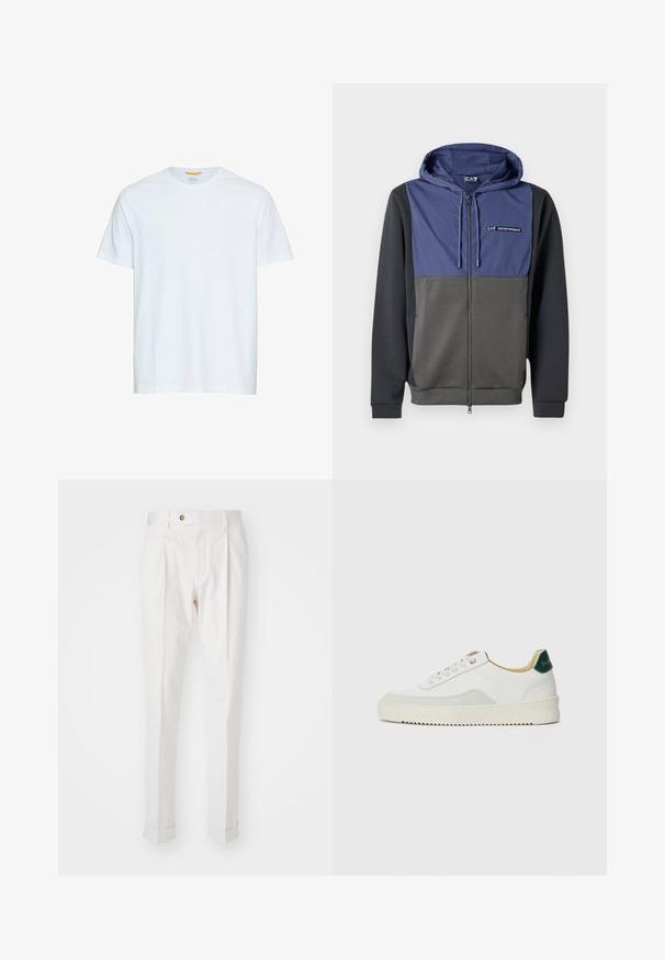 Kapuzensweatshirt mit Reißverschluss, das ein marineblaues Brustpanel und einen dunkelgrauen Körper hat. Hergestellt aus einem glatten Stoff mit gerippten Bündchen und Saum. Logo auf der Brust.; Weißes Baumwoll-T-Shirt, kurze Ärmel, Rundhalsausschnitt, weiche Textur, gerader Saum, minimalistisches Design mit einem kleinen Logo in der Nähe des Ausschnitts.; Weiße, maßgeschneiderte Hosen mit flachem Bund, zwei Falten und umgeschlagenen Säumen. Hergestellt aus einem glatten Stoff mit einem Knopfverschluss an der Taille.; Weiße Sneaker mit Wildlederelementen, runder Zehenpartie, flachen Schnürsenkeln und einer cremefarbenen Gummisohle. Mit grünen Markenlogo am Fersenbereich.