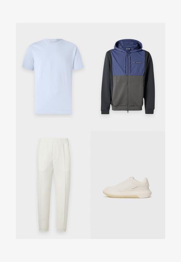 Hettegenser med glidelås, med et marineblått brystpanel og en mørkegrå kropp. Laget av et glattere stoff med ribbestrikkede mansjetter og kant. Logo på brystet.; Lyseblå T-skjorte laget av myk bomull, med rund hals og korte ermer, med en jevn tekstur og uten synlige mønstre.; Hvite smale bukser med elastisk midjebånd, med to sidelommer og en glatt, litt skinnende tekstur.; Hvite sneakers med glatt skinnøvre, rund tå og tykk gummisåle. Har minimal søm og en subtil logodetalj på siden.