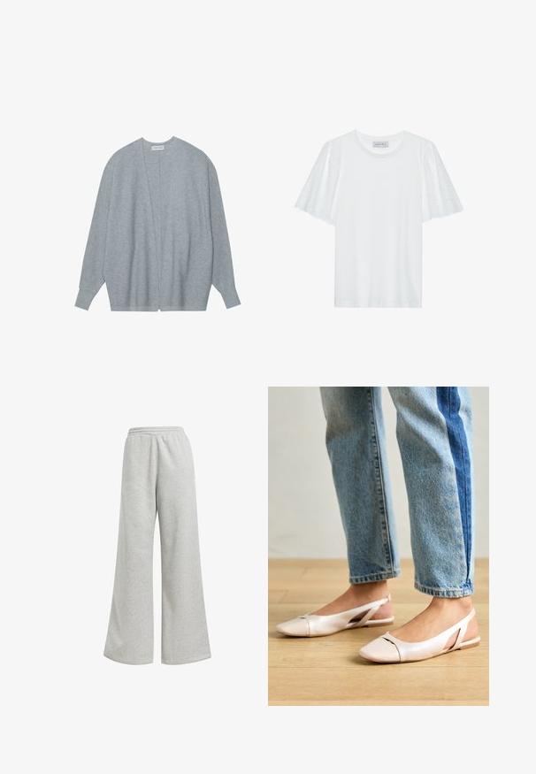 Cardigan cinza claro feito de tecido macio, com frente aberta, mangas longas e um corte descontraído com uma textura canelada subtil.; T-shirt branca com mangas curtas e evasê, apresentando um padrão de broderie anglaise. Tecido suave e decote redondo clássico.; Calças de moletom cinzentas com um design de perna larga, feitas em material de algodão macio. Apresentam um elástico na cintura e mínimas decorações.; Sapatilhas slingback de cor rosa pálido com bico fino, feitas de um material semelhante a couro liso. Apresentam detalhes recortados nas laterais e um salto plano.