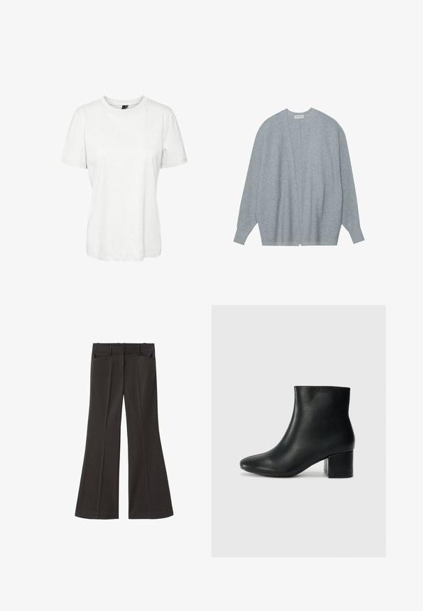 Svetlo sivi kardigan iz mehkega materiala, ki ima odprto sprednjo stran, dolge rokave in sproščen kroj z rahlo rebrasto teksturo.; Bela majica s kratkimi rokavi iz bombaža z okroglim izrezom in sproščenim krojem. Gladka tekstura brez vidnih vzorcev ali okrasnih elementov.; Črne razširjene hlače z visokim pasom; vključujejo dva sprednja žepa in gladko teksturo tkanine. Primerne za različne priložnosti.; Črne usnjene gležnjarje s koničastim nosom in debelim peto. Gladka tekstura z minimalnimi detajli in eleganten, prilegajoč dizajn.