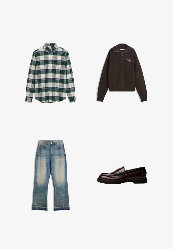 Dunkelbrauner, gestrickter Reißverschluss-Pullover mit hohem Kragen und kleinem weißen gestickten Text auf der linken Brust mit der Aufschrift "Proficient Est. 2001".; Grün-weißkariertes Hemd mit Knöpfen und Kragen, featuring marineblauen, grauen und orangefarbenen Akzenten. Enthält eine Tasche auf der linken Brust.; Hellblaue Jeans aus Denim mit einem leicht verwaschenen Finish, schmal geschnittenem Bein, fünf Taschen und rohen Saumdetails. Keine sichtbaren Hardware-Akzente.; Braune Leder Slipper mit abgerundetem Zeh, detaillierter Steppnaht und Gummisohle. Verfügt über einen dekorativen Riemen und eine glatte Textur.