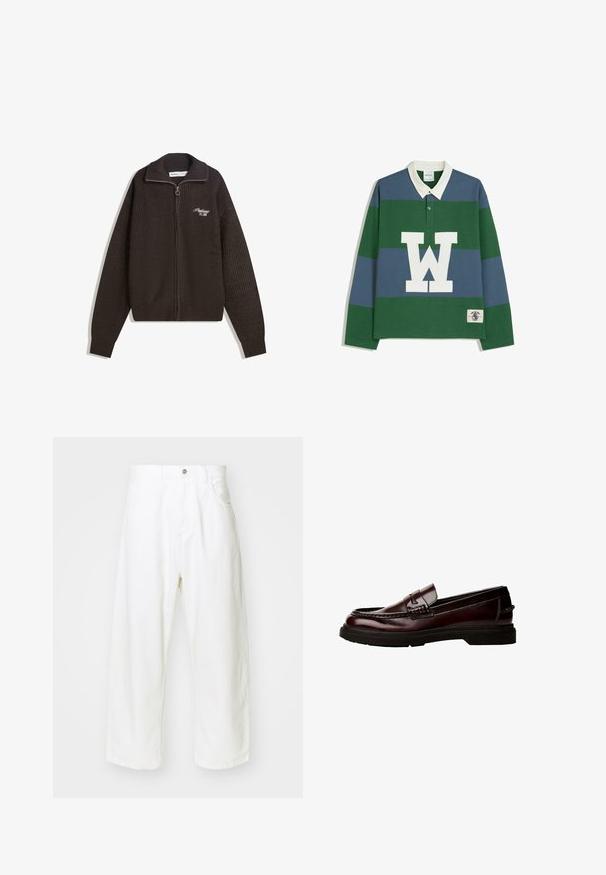 Temno rjav pletena zip-up jopica z visokim ovratnikom in majhnim belim vezenim napisom na levi strani prsnega kosa, ki pravi "Proficient Est. 2001".; Polo majica z dolgimi rokavi, ki ima vodoravne črte v zeleni in modri barvi, bel ovratnik ter velik bel logo "W" na sprednji strani z oznako podrobnosti.; Bele široke jeans hlače iz denima, z visokim pasom, petimi žepi in gumbnim zapiranjem. Preprost dizajn z neobdelanimi robovi.; Rjave usnjene loafer čevlje z zaobljenim nosom, podrobnim šivanjem in gumijastim podplatom. Imajo okrasni trak in gladko teksturo.