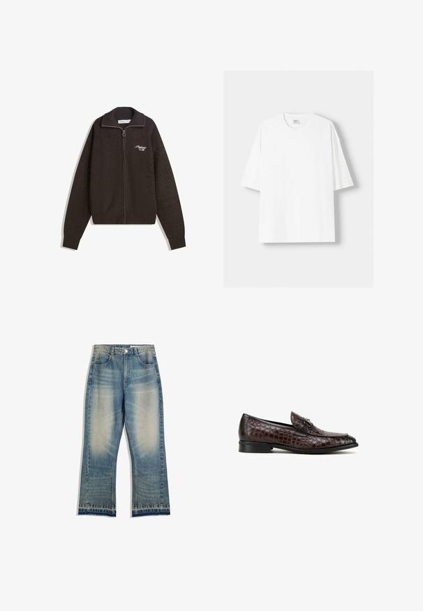 Donkerbruine gebreide zip-up trui met hoge kraag en kleine witte geborduurde tekst op de linkerborst met de tekst "Proficient Est. 2001".; Witte t-shirt met korte mouwen, gemaakt van katoen, met een ronde halslijn en een relaxte pasvorm. Gladde textuur, zonder zichtbare patronen of accenten.; Lichtblauwe spijkerbroek van denim met een licht vervaagde afwerking, rechte pijpen, vijf zakken en ruwe zoomdetails. Geen zichtbare hardwareaccenten.; Bruine leren loafers met een krokodillenstructuur en een zilveren gespsluiting. De verhoogde zwarte buitenzool versterkt het overall slanke ontwerp.