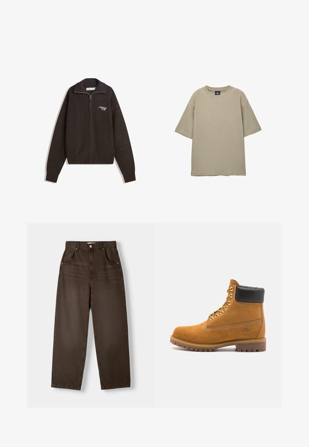 Tummanruskea neulehuppari, jossa on korkea kaulus ja vasemmassa rinnassa pientä valkoista brodeerausta, jossa lukee "Proficient Est. 2001".; Beige, lyhythihainen t-paita, joka on valmistettu teksturoidusta kankaasta. Lisäksi siinä on pyöreä pääntie ja rento, väljä malli ilman näkyviä kuvioita tai koristeita.; Ruske, høyt liv bukser laget av denim, med to frontlommer, knappestenging og rett ben-design. Glatt tekstur.; Valkoinen nahkainen nilkkuri mustalla pehmustetulla kauluksella, kultaisilla metallisilla rei'illä, valkoisella ompeluksella ja jykevällä kumipohjalla, jossa on selvästi näkyvät urat.