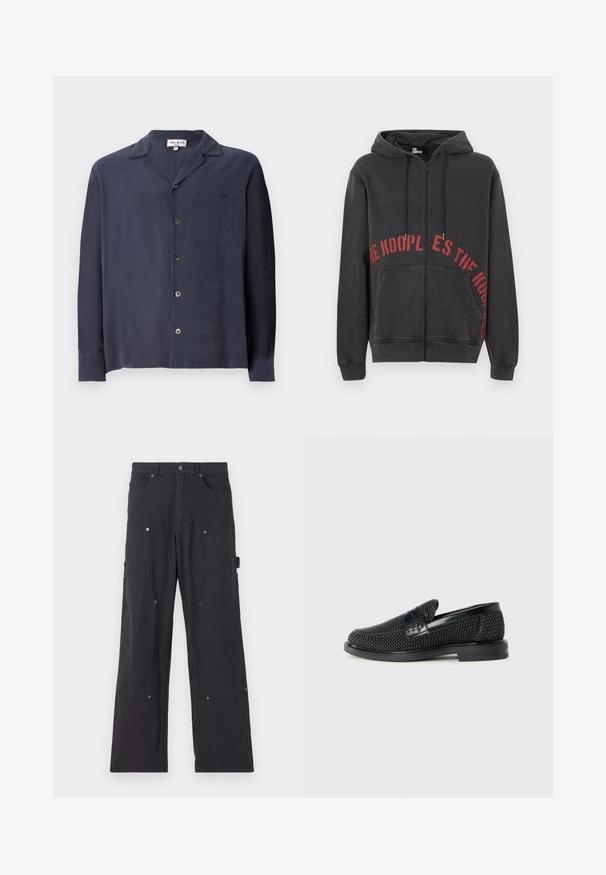 Felpa nera con zip realizzata in cotone, caratterizzata da una stampa testuale rossa circolare sul davanti e due tasche laterali. Tessuto morbido e dalla consistenza piacevole.; Camicia blu navy con bottoni realizzata in tessuto liscio, con colletto, maniche lunghe, taschino sul petto e bottoni in tono argento.; Pantaloni cargo neri realizzati in tessuto resistente con un design a gamba dritta, dotati di tasche anteriori, bottoni a pressione e tasche laterali utilitarie.; Scarpa nera a mocassino intrecciata con un accentuato in pelle liscia sulla parte superiore, design a punta rotonda e suola in gomma a profilo basso.
