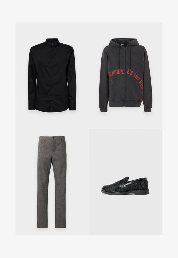 Must mustaga, millel on ees punane ringikujuline tekstikujundus ja kaks küljetaskut. Pehme, tekstuuriga kangas.; Mustast siledast kangast valmistatud pikade varrukatega nööpidega särk, millel on klassikaline krae, väike logo ja tavaline nööpide kinnitussüsteem.; Hallid hallid püksid tekstuuriga, kudumifabricist. Kohandatud istuvus, lame esiosa, tõmblukk ja üks nööpkinnitus. Täiendavad taskud pole nähtavad.; Must musta kootud slip-on king, millel on pehme nahast accent ülaserval, ümmargune varvas ja madal profiiliga kummitald.