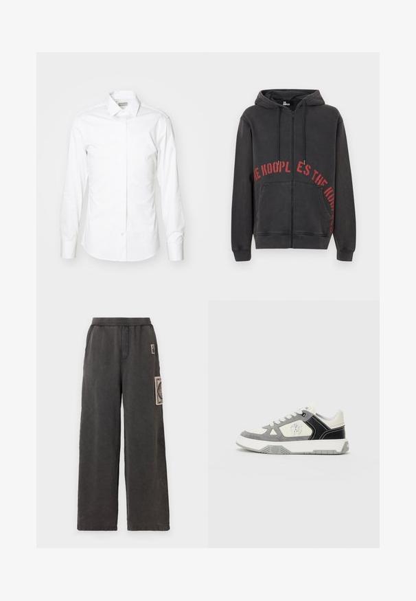 Felpa nera con zip realizzata in cotone, caratterizzata da una stampa testuale rossa circolare sul davanti e due tasche laterali. Tessuto morbido e dalla consistenza piacevole.; Camicia bianca a maniche lunghe realizzata in tessuto morbido, con colletto classico, pattina con bottoni e orlo arrotondato, dalla vestibilità aderente e senza motivi.; Pantaloni a gamba larga in tessuto grigio scuro, con una patch decorativa sulla tasca anteriore e una vita elastica per il massimo comfort.; Sneaker low-top in bianco, camoscio grigio e pelle nera con lacci bianchi e ricamo del logo sul lato, esposta su uno sfondo neutro.