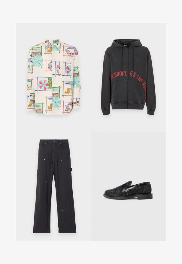 Fekete zipzáras kapucnis pulóver pamutból, elöl piros köralakú szövegtervezéssel és két oldalsó zsebével. Puha, texturált anyag.; Rövid ujjú gombos ing könnyű anyagból, színes tengerparti jelenettel, napernyőkkel, székekkel és napozókkal.; Fekete cargo nadrág tartós anyagból, egyenes szárú kivitelben, elülső zsebekkel, patentgombokkal és oldalsó hasznos zsebekkel.; Fekete szőtt slip-on cipő sima bőr díszítéssel a felsőrészen, kerek orral és alacsony profilos gumitalppal.