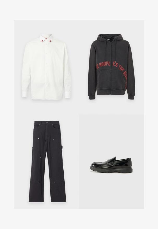 Sudadera negra con cremallera fabricada en algodón, que presenta un diseño de texto circular rojo en la parte frontal y dos bolsillos laterales. Tejido suave y texturizado.; Camisa blanca de botonadura hecha de algodón con un cuello clásico. Presenta acentos rojos en las puntas del cuello y un diseño sencillo. Textura lisa.; Pantalones cargo negros hechos de un tejido duradero con un diseño de pierna recta, que cuentan con bolsillos frontales, botones a presión y bolsillos laterales de utilidad.; Mocasín de cuero negro con un acabado brillante, punta redondeada, detalles de costura sutiles y una suela de goma gruesa para mayor durabilidad.