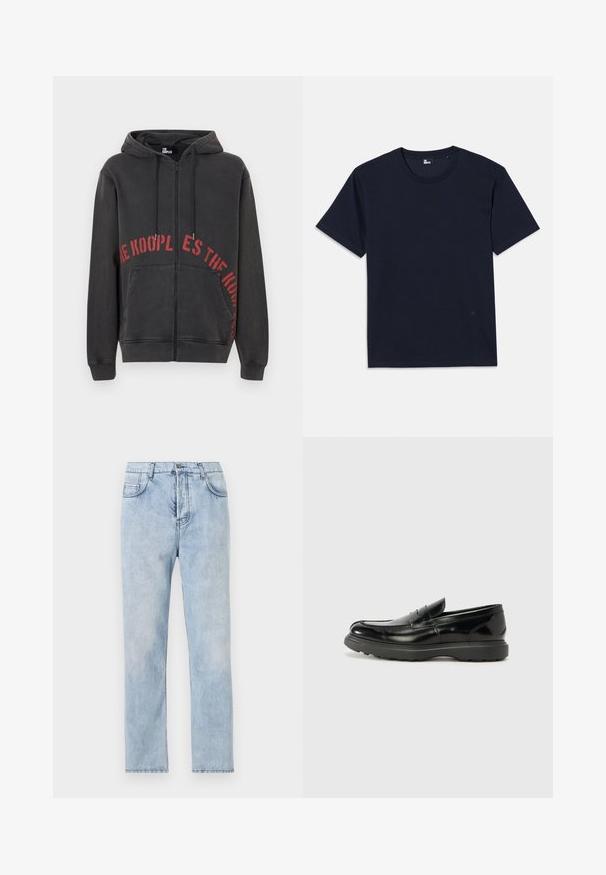 Must mustaga, millel on ees punane ringikujuline tekstikujundus ja kaks küljetaskut. Pehme, tekstuuriga kangas.; Tumed sinine puuvillane T-särk lühikeste varrukatega, ümmarguse kaeluse ja minimaalsete õmblusdetailidega. Lihtne disain ilma nähtavate mustrite või aktsentideta.; Heledad sinine teksapüksid otse jalgadele, viie taskuga disain ja nähtav õmblemine. Materjal on pehme ning veidi kulunud viimistlusega.; Must musta nahk loafer läikiva viimistlusega, ümar varvas, delikaatsed õmblusdetailid ja paks kummist tallad vastupidavuse tagamiseks.