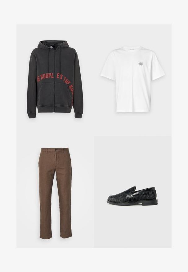 Must mustaga, millel on ees punane ringikujuline tekstikujundus ja kaks küljetaskut. Pehme, tekstuuriga kangas.; Valge puuvillane T-särk lühikeste varrukatega, ümmarguse kaelusega ja väike hall logo vasakul rinnaosal. Sile tekstuur.; NN.07 THEO - Püksid - brown; Must musta kootud slip-on king, millel on pehme nahast accent ülaserval, ümmargune varvas ja madal profiiliga kummitald.