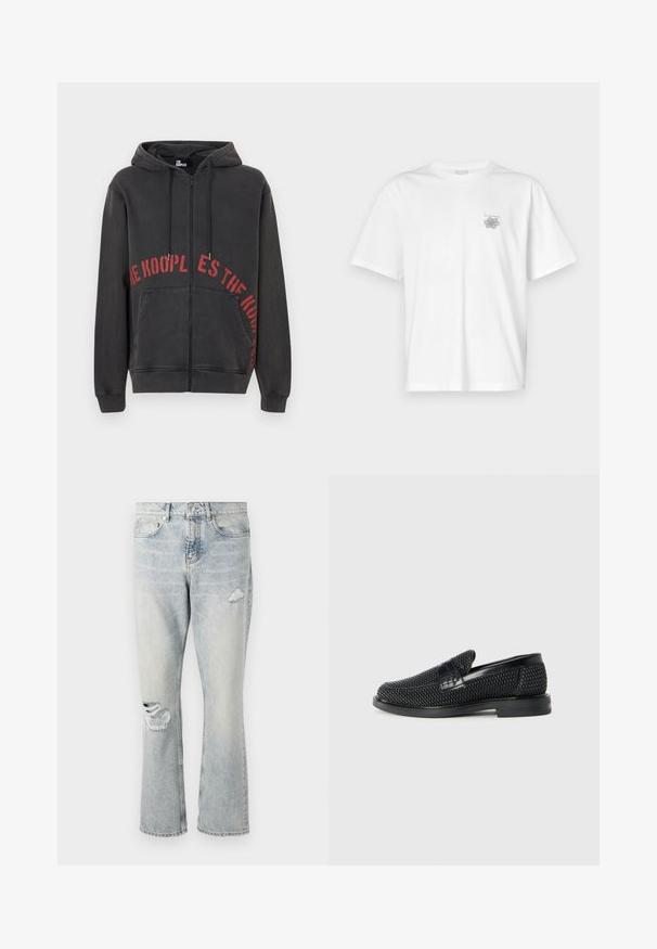 Svart hettegenser med glidelås laget av bomull, med en rød sirkulær tekstdesign på framsiden og to sidelommer. Myk, teksturert stoff.; Hvit T-skjorte laget av bomull, med korte ermer, rund hals og en liten grå logo på venstre brystområde. Smooth tekstur.; Lys blå denimjeans med høy midje, rette ben og slitte detaljer på høyre lår og venstre kne.; Sorte vevde slip-on sko med en glatt lærdetalj på overdelen, design med rund tå og en lavprofil gummisåle.