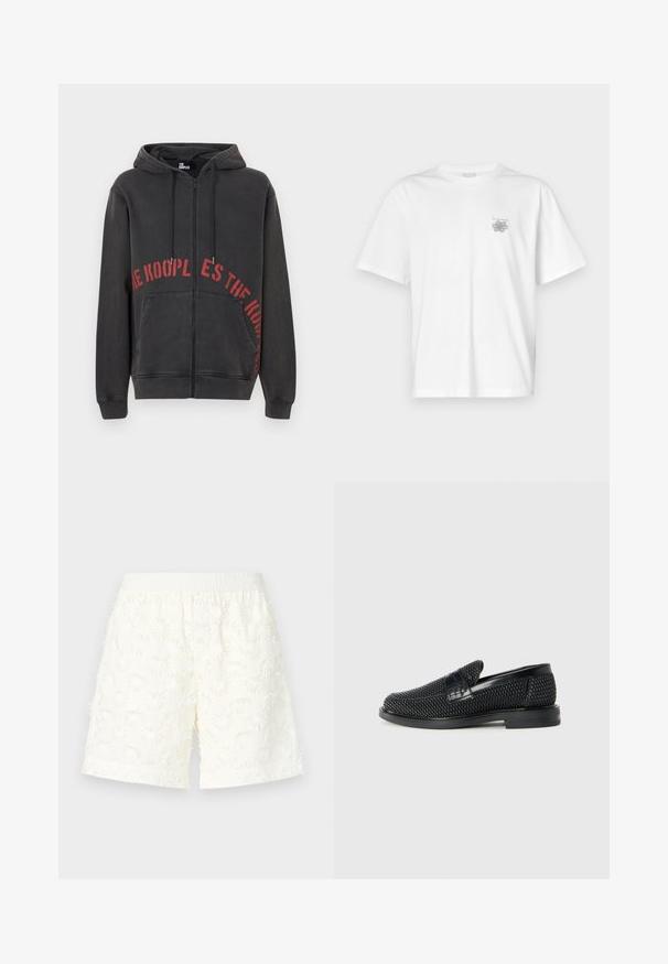 Juodas užtrauktuku užsegamas džemperis, pagamintas iš medvilnės, su raudonu apvaliu tekstu ant priekinės dalies ir dviem šoninėmis kišenėmis. Minkšta, tekstūruota medžiaga.; Balta medvilninė marškinėlių, su trumpomis rankovėmis, apykaklė nei per aukšta, nei per žema, ir mažas pilkas logotipas kairėje krūtinės pusėje. Lygi tekstūra.; Balti šortai su tekstūruotu gėlių raštu, elastinga juosta ir nusidėvėjusiais pakraščiais. Pagaminti iš lengvos medžiagos, tinkami šiltam orui.; Juodas pintas slip-on tipo batelis su lygiu odiniu akcentu viršuje, apvalios nosies dizainas ir žemas guminis padas.