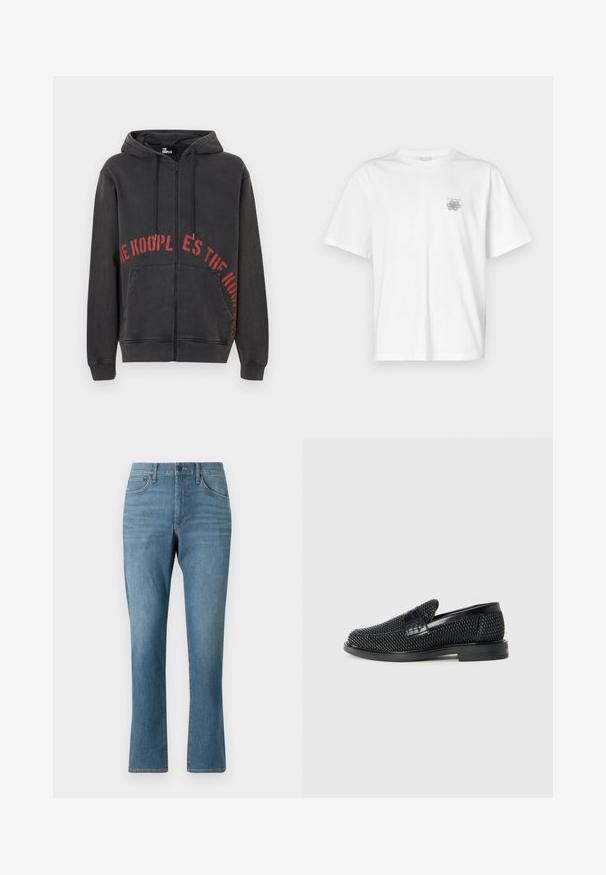 Hoodie zippé noir en coton, avec un design de texte circulaire rouge sur le devant et deux poches latérales. Tissu doux et texturé.; T-shirt blanc en coton avec des manches courtes, un col ras du cou et un petit logo gris sur la partie gauche de la poitrine. Texture lisse.; Jean en denim bleu clair avec une coupe droite, comprenant des poches avant et arrière, une fermeture éclair, et un léger délavage dans le tissu.; Chaussure slip-on tissée noire avec un accent en cuir lisse sur le dessus, un design à bout rond et une semelle en caoutchouc à profil bas.