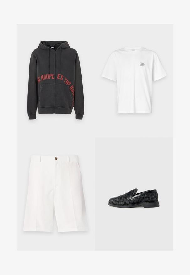 Čierna mikina na zips vyrobená z bavlny, na prednej strane s červeným kruhovým textovým dizajnom a dvoma bočnými vreckami. Mäkká, textúrovaná tkanina.; Biela tričko vyrobené z bavlny, s krátkymi rukávmi, okrúhlym výstrihom a malým šedým logom na oblasti ľavej hrude. Hladká textúra.; Biele bermudy vyrobené z ľahkej tkaniny s voľným strihom, s jedným hnedým gombíkom a prednými vreckami.; Čierne tkané slip-on topánky s hladkým koženým akcentom na vrchnej časti, s okrúlym dizajnom špičky a nízkoprofilovou gumovou podrážkou.