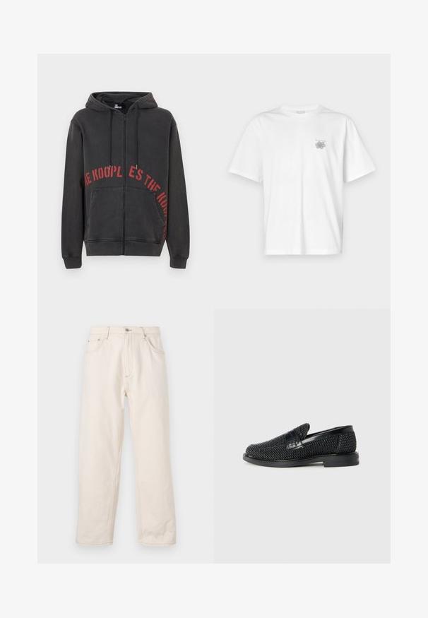 Schwarzer Reißverschluss-Hoodie aus Baumwolle, mit einem roten, kreisförmigen Textdesign auf der Vorderseite und zwei Seitentaschen. Weicher, strukturierten Stoff.; Weißes T-Shirt aus Baumwolle mit kurzen Ärmeln, Rundhalsausschnitt und kleinem grauen Logo auf der linken Brustseite. Glatte Textur.; Beige gleich geschnittene Jeans aus Denim, mit Knopfverschluss, fünf Taschen und sichtbaren Nähten. Glatte Textur.; Schwarzer geflochtener Slipper mit einem glatten Lederakzent im Obermaterial, einem runden Zehendesign und einer flachen Gummisohle.