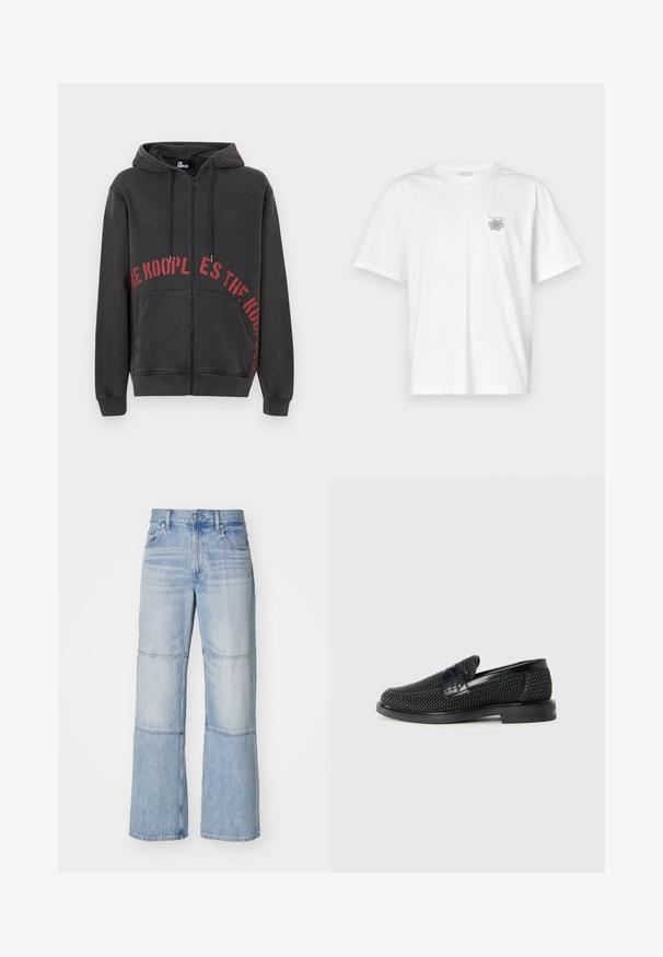 Sudadera negra con cremallera fabricada en algodón, que presenta un diseño de texto circular rojo en la parte frontal y dos bolsillos laterales. Tejido suave y texturizado.; Camiseta blanca de algodón con mangas cortas, cuello redondo y un pequeño logo gris en el lado izquierdo del pecho. Textura suave.; Pantalones de mezclilla azul claro con un diseño de pierna ancha, que cuentan con paneles en contraste y costuras visibles. De cintura alta con cierre de botón.; Zapato negro de tejido con un acento de cuero suave en la parte superior, diseño de punta redonda y suela de goma de perfil bajo.