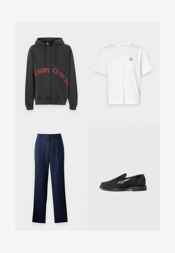 Melnas aizsietas kapučjakas, kas izgatavota no kokvilnas, ar sarkanu apļveida teksta dizainu priekšā un divām sānu kabatām. Mīksts, teksturēts audums.; Baltas kokvilnas T-krekls ar īsām piedurknēm, apaļu dekoltē un mazu pelēku logo kreisajā krūšu daļā. Gluda tekstūra.; Tumši jūras zila auduma bikses ar taisnu kāju griezumu, kas raksturojas ar vieglu tekstūru un diviem priekšējiem izliekumiem. Nav redzamu kabatu.; Melnas austas slaidu kurpes ar gludu ādas akcentu augšpusē, apaļas formas purngalu un zemas profila gumijas zoli.