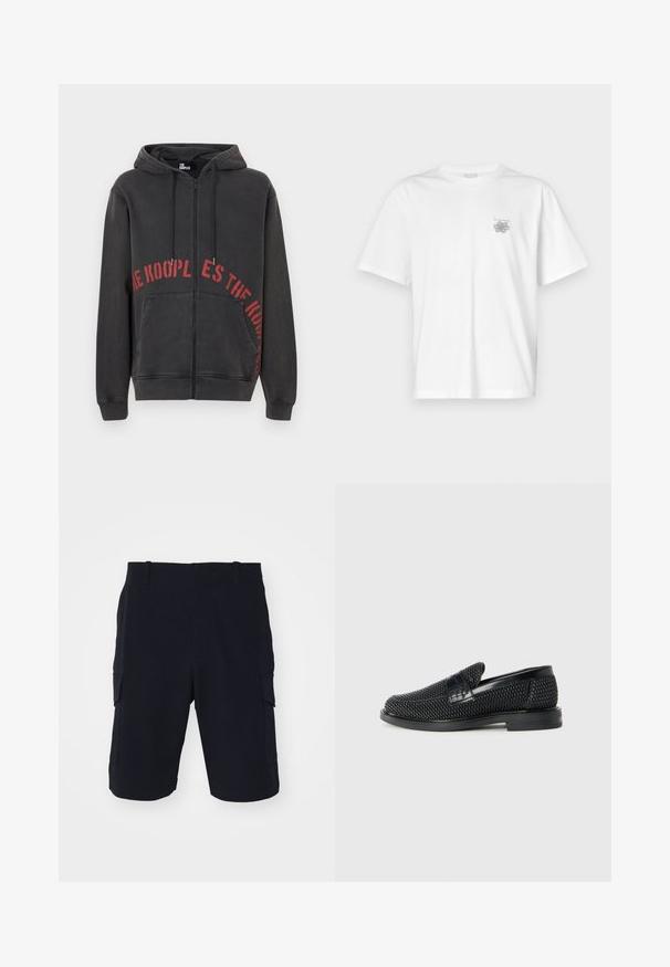 Sudadera negra con cremallera fabricada en algodón, que presenta un diseño de texto circular rojo en la parte frontal y dos bolsillos laterales. Tejido suave y texturizado.; Camiseta blanca de algodón con mangas cortas, cuello redondo y un pequeño logo gris en el lado izquierdo del pecho. Textura suave.; rag & bone CADE - Shorts - black; Zapato negro de tejido con un acento de cuero suave en la parte superior, diseño de punta redonda y suela de goma de perfil bajo.