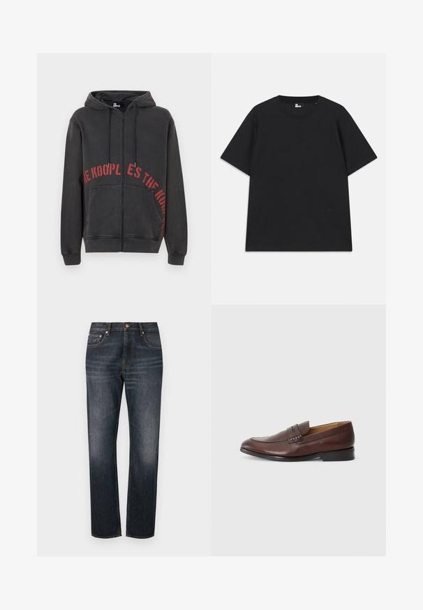 Juodas užtrauktuku užsegamas džemperis, pagamintas iš medvilnės, su raudonu apvaliu tekstu ant priekinės dalies ir dviem šoninėmis kišenėmis. Minkšta, tekstūruota medžiaga.; Juoda trumpomis rankovėmis marškinėliai iš medvilnės, su apvalia iškirpte ir mažo logo detale šalia apatinės siūlės. Lygus paviršius, standartinė silueto forma.; Tamsiai mėlynos džinsinės kelnės su tiesiomis kojomis, turinčios penkis kišenes, vario spalvos detales ir subtilų išblukimą šlaunų zonoje.; JOOP! KLEITOS - Įmautiniai batai - brown