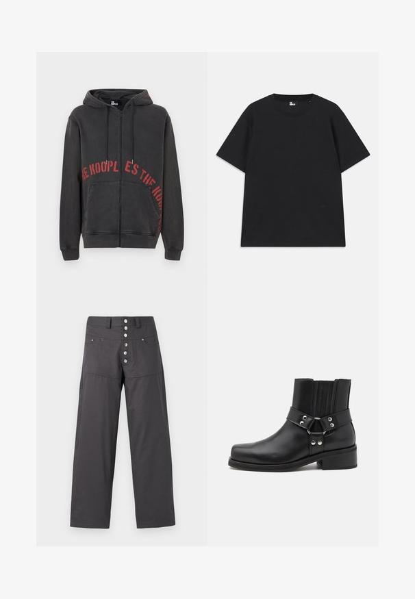 Zwarte zip-up hoodie van katoen, met een rode cirkelvormige tekstontwerp op de voorkant en twee zijzakken. Zacht, textuurachtig materiaal.; Zwart kortebril T-shirt van katoen, met een ronde hals en een klein logo detail near de zoom. Gladde textuur, normale pasvorm.; Grijze wijde broek van lichtgewicht stof, met een knoopsluiting met vijf metalen knopen en twee voorzakken.; The Kooples CHAUSSURES - Cowboy-/Bikerlaarsjes - black