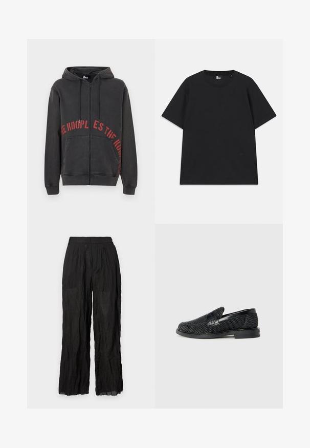 Black zip-up hoodie made of cotton, featuring a red circular text design on the front and two side pockets. Soft, textured fabric.; Black short-sleeve t-shirt made of cotton, featuring a round neckline and a small logo detail near the hem. Smooth texture, regular fit.; Black linen wide-leg trousers with a textured finish. Features an elastic waistband and subtle pleating.; Black woven slip-on shoe with a smooth leather accent on the upper, a round toe design, and a low-profile rubber sole.