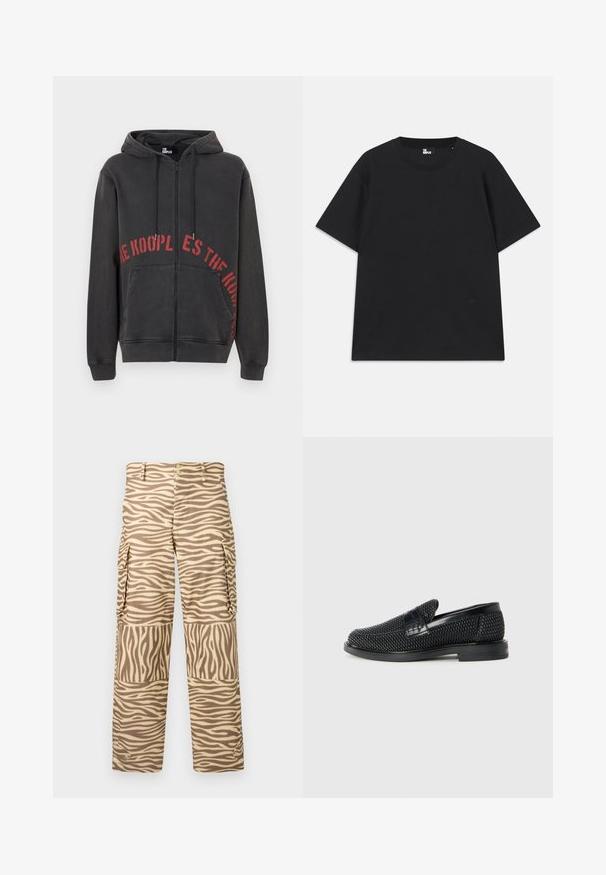 Felpa nera con zip realizzata in cotone, caratterizzata da una stampa testuale rossa circolare sul davanti e due tasche laterali. Tessuto morbido e dalla consistenza piacevole.; T-shirt nera a maniche corte in cotone, con scollo rotondo e un piccolo logo vicino all'orlo. Tessuto liscio, vestibilità regolare.; Pantaloni cargo in una stampa zebra color beige e crema. Le caratteristiche includono una gamba dritta, due tasche laterali e una chiusura con bottone con dettagli metallici.; Scarpa nera a mocassino intrecciata con un accentuato in pelle liscia sulla parte superiore, design a punta rotonda e suola in gomma a profilo basso.