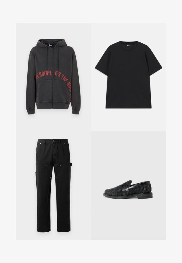 Svart zip-up hoodie i bomull, med en röd cirkulär textdesign på framsidan och två sidfickor. Mjuk, strukturerad tyg.; Svart kortärmad t-shirt i bomull, med rund halsringning och en liten logodetalj nära fållen. Slät textur, normal passform.; Svarta bomullbyxor med rak bendesign, två framsorer, sidoficka för verktyg och tryckknappsdetaljer.; Svart vävd slip-on sko med en slät läderdetalj på ovansidan, med rund tådesign och en låg gummisula.