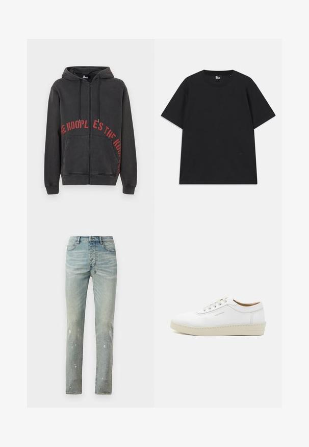 Čierna mikina na zips vyrobená z bavlny, na prednej strane s červeným kruhovým textovým dizajnom a dvoma bočnými vreckami. Mäkká, textúrovaná tkanina.; Čierne tričko s krátkym rukávom vyrobené z bavlny, s okrúhlym výstrihom a malým logom pri leme. Hladká textúra, bežný strih.; Svetlomodré džínsy s vysokým pásom a úzkym strihom. Obsahujú bledé miesta a rozliate detaily po celom povrchu. Vyrobené z denimu s kontrastným šitím.; Biele kožené tenisky s textúrovaným povrchom, okrúly špička, béžová gumová podrážka a šesť sivých vystužených očiek na šnúrky, so subtílnym brandingom na boku.
