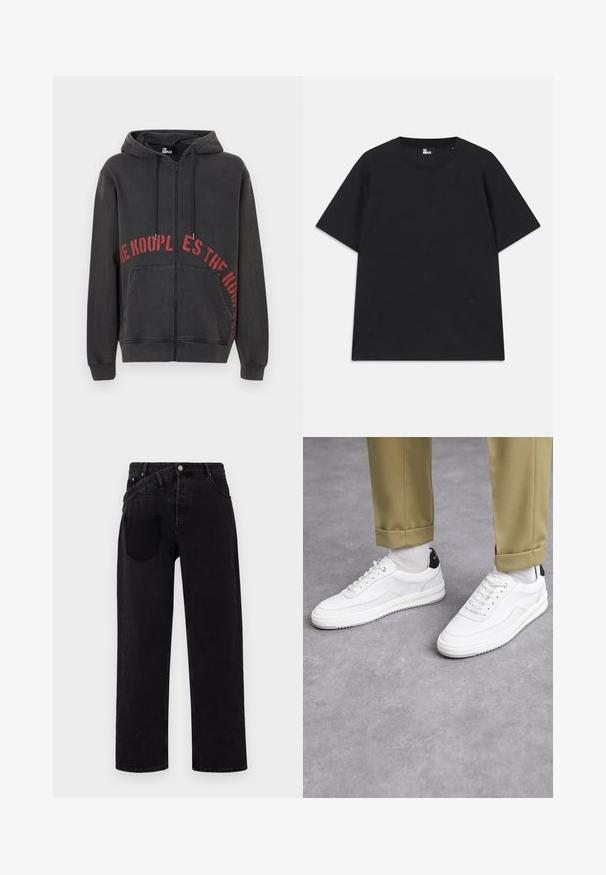 Black zip-up hoodie made of cotton, featuring a red circular text design on the front and two side pockets. Soft, textured fabric.; Black short-sleeve t-shirt made of cotton, featuring a round neckline and a small logo detail near the hem. Smooth texture, regular fit.; Black denim jeans with a straight-leg design, featuring a front button closure, five-pocket style, and a single back pocket on the right side.; White sneakers with a textured leather finish, rounded toe, and black heel accent. Rubber sole with small tread pattern and stitched detail.