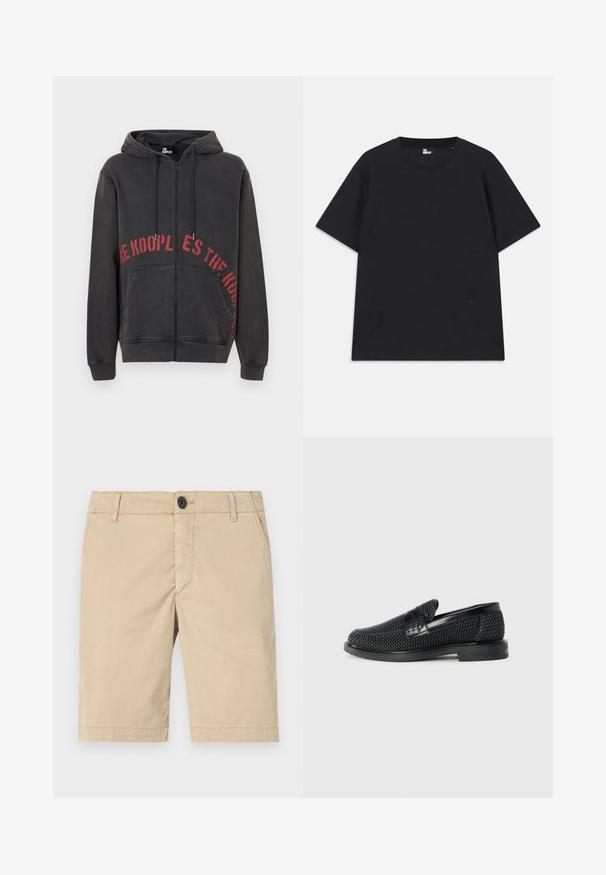 Svart zip-up hoodie i bomull, med en röd cirkulär textdesign på framsidan och två sidfickor. Mjuk, strukturerad tyg.; Svart kortärmad t-shirt i bomull, med rund halsringning och en liten logodetalj nära fållen. Slät textur, normal passform.; Khakifärgade shorts i bomull. Har dragkedja, knappstängning, framfickor, sydda sömmar och en platt frontdesign.; Svart vävd slip-on sko med en slät läderdetalj på ovansidan, med rund tådesign och en låg gummisula.