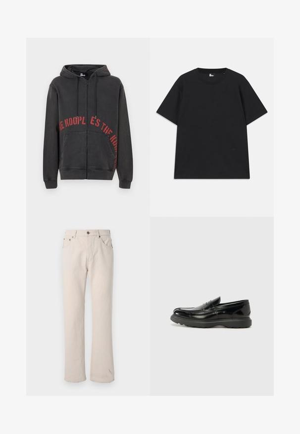 Moletom preto com fecho éclair, feito de algodão, com um design de texto circular vermelho na frente e dois bolsos laterais. Tecido macio e texturizado.; Camiseta preta de mangas curtas em algodão, com decote redondo e um pequeno detalhe de logo perto da bainha. Textura suave, corte regular.; Jeans de ganga bege com corte reto, apresentando cinco bolsos, fecho de botão e detalhes de costura discretos nas costuras.; Mocassim de couro preto com acabamento brilhante, bico arredondado, detalhes de costura subtil e sola de borracha espessa para durabilidade.